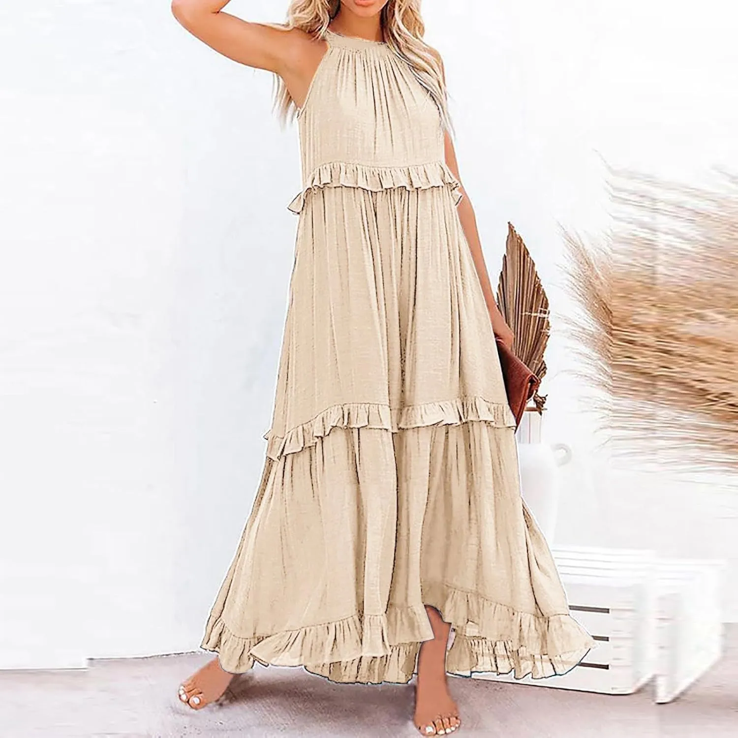 Womens Summer Floral Maxi Dresses Sleeveless Beach Wedding Guest Dress Drawstring Ruffle Long Flowy Dress