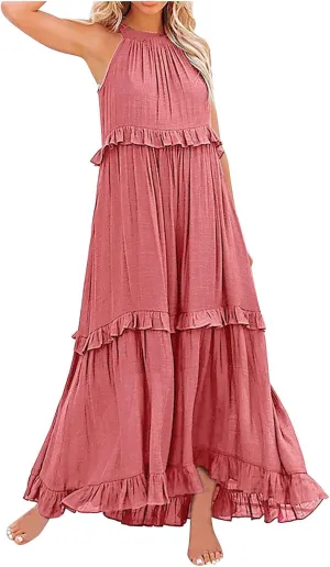 Womens Summer Floral Maxi Dresses Sleeveless Beach Wedding Guest Dress Drawstring Ruffle Long Flowy Dress