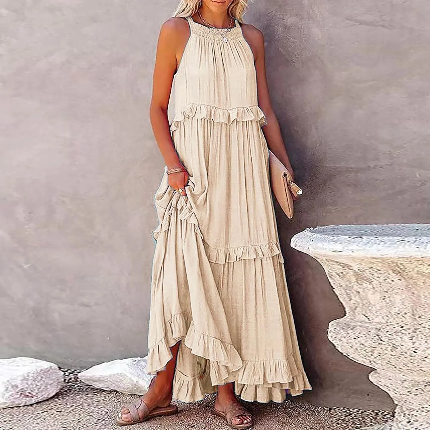 Womens Summer Floral Maxi Dresses Sleeveless Beach Wedding Guest Dress Drawstring Ruffle Long Flowy Dress
