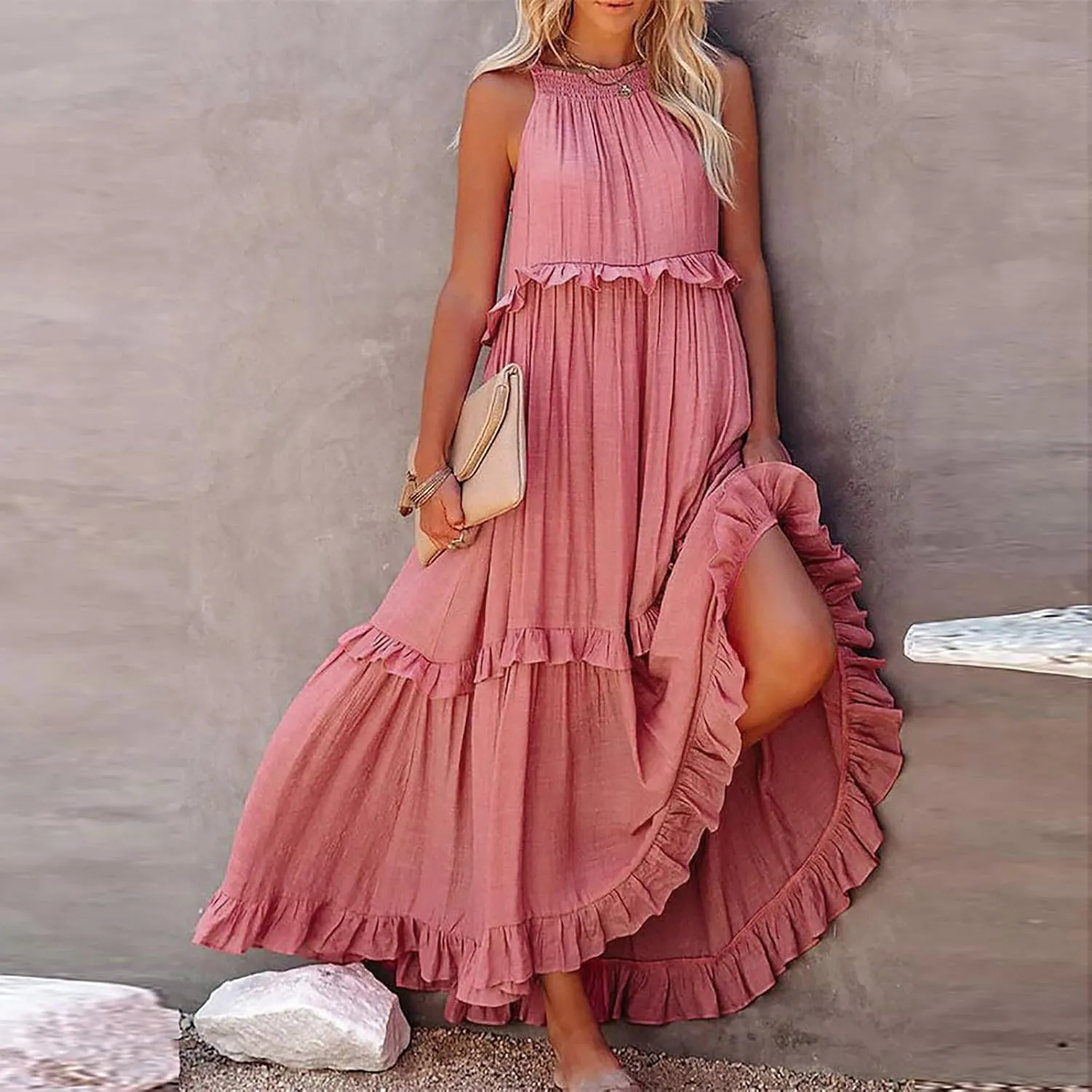 Womens Summer Floral Maxi Dresses Sleeveless Beach Wedding Guest Dress Drawstring Ruffle Long Flowy Dress