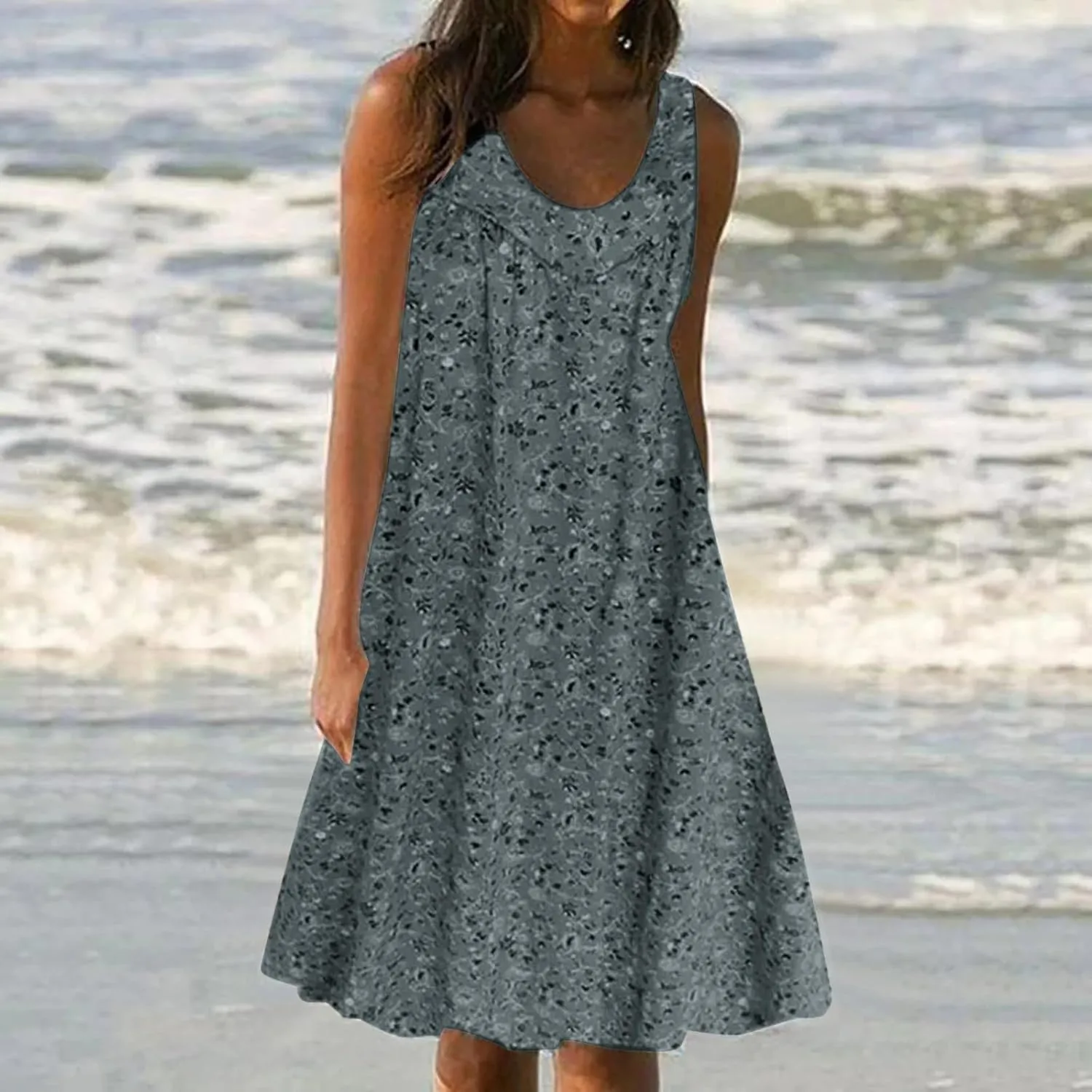 Womens Summer Floral Mini Dress Casual Sleeveless Sundress Round Neck Tank Dress Plus Size Beach Vacation Dresses