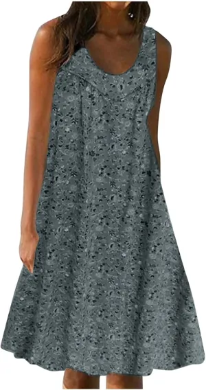Womens Summer Floral Mini Dress Casual Sleeveless Sundress Round Neck Tank Dress Plus Size Beach Vacation Dresses