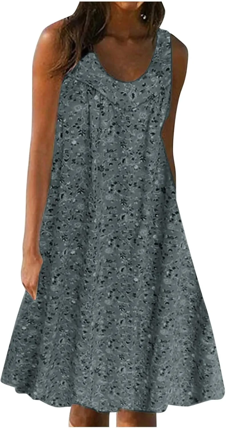 Womens Summer Floral Mini Dress Casual Sleeveless Sundress Round Neck Tank Dress Plus Size Beach Vacation Dresses
