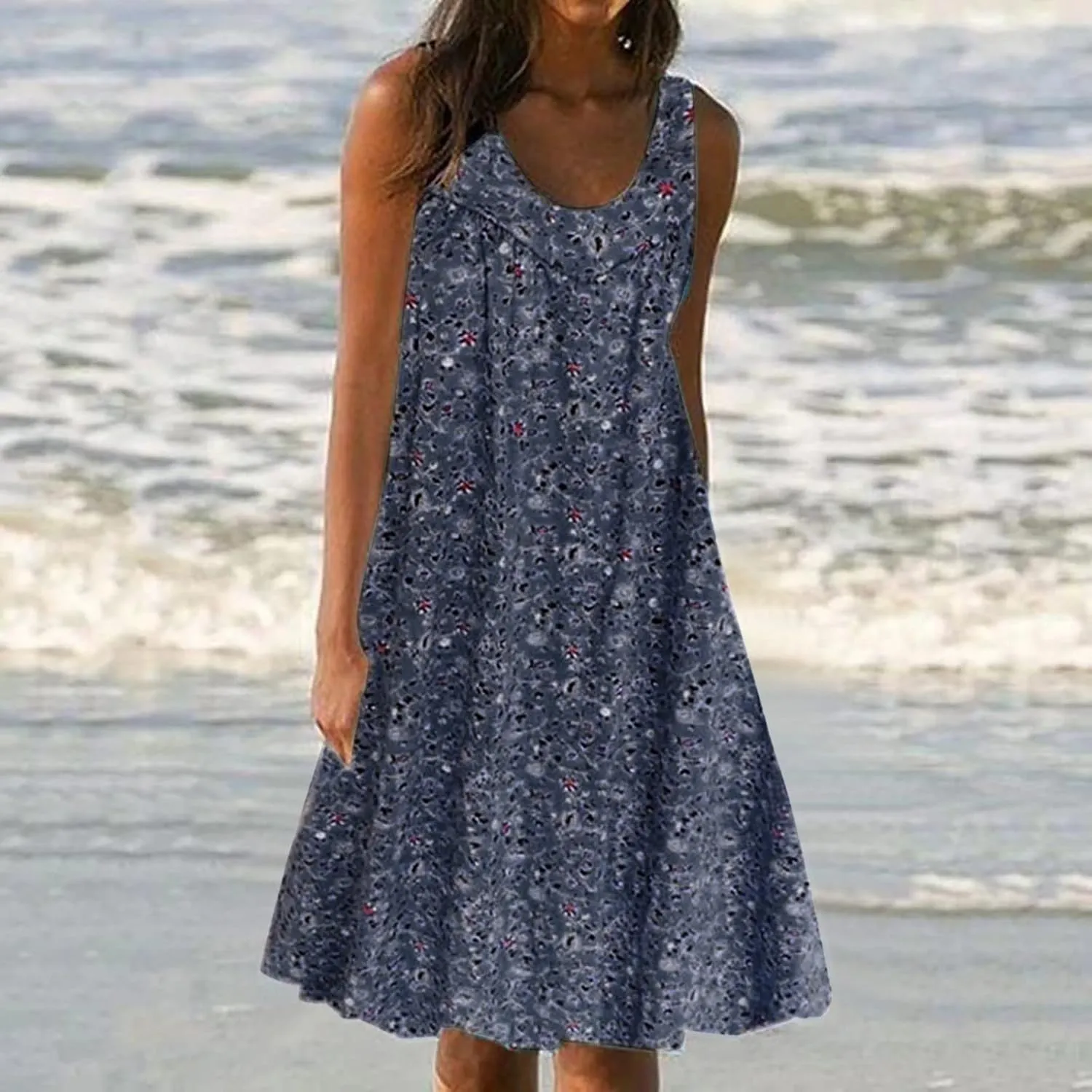 Womens Summer Floral Mini Dress Casual Sleeveless Sundress Round Neck Tank Dress Plus Size Beach Vacation Dresses