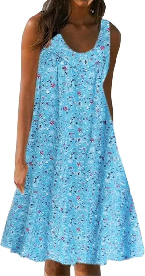 Womens Summer Floral Mini Dress Casual Sleeveless Sundress Round Neck Tank Dress Plus Size Beach Vacation Dresses