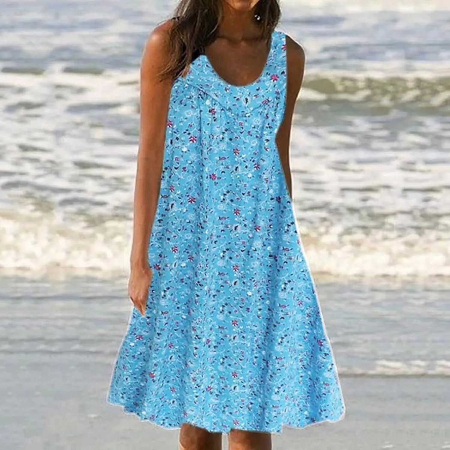 Womens Summer Floral Mini Dress Casual Sleeveless Sundress Round Neck Tank Dress Plus Size Beach Vacation Dresses