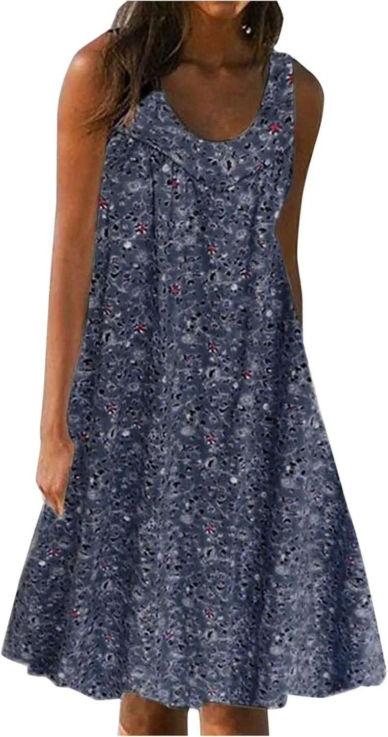 Womens Summer Floral Mini Dress Casual Sleeveless Sundress Round Neck Tank Dress Plus Size Beach Vacation Dresses