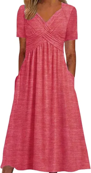 Women's Summer Short Sleeve Maxi Dress 2025 Casual V Neck High Waist A-Line Flowy Loose Solid Boho Long Dresses