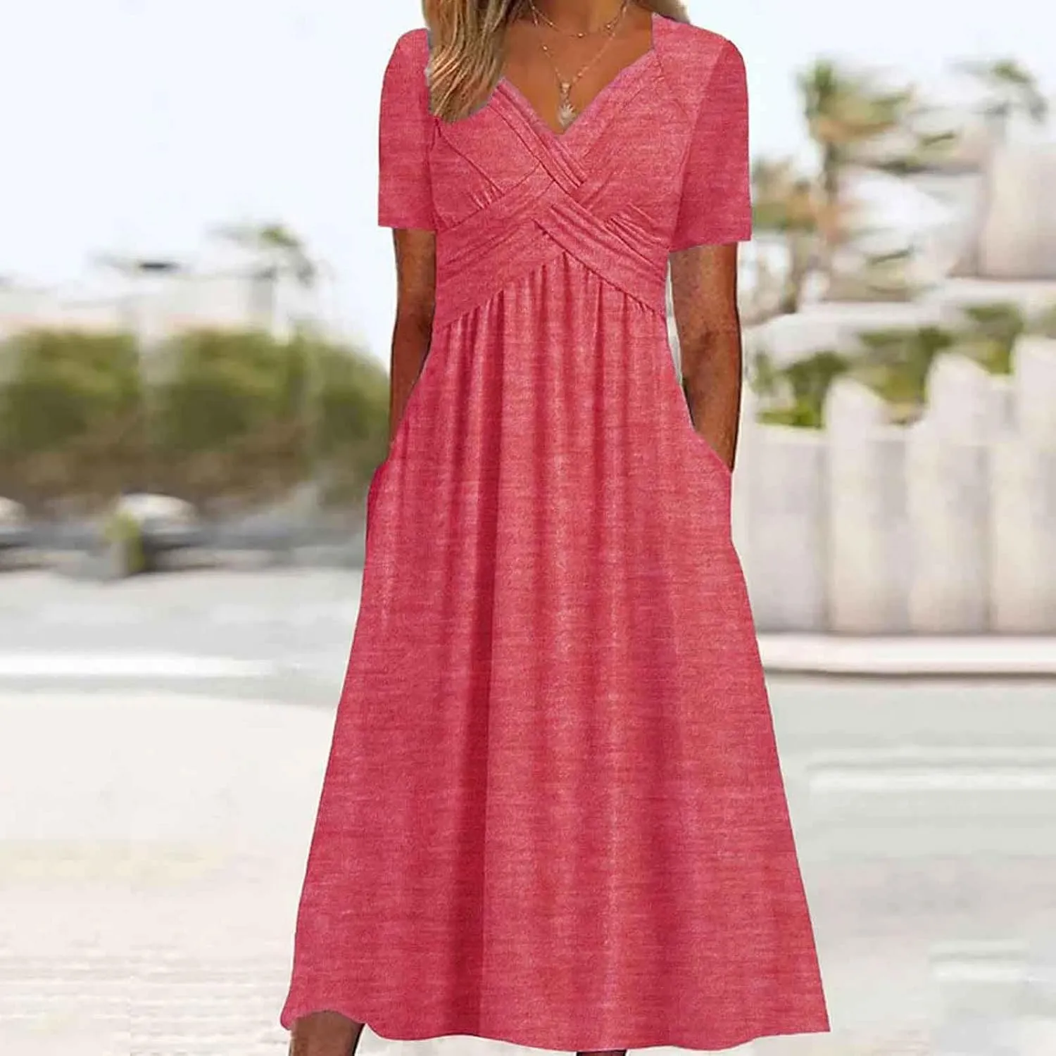 Women's Summer Short Sleeve Maxi Dress 2025 Casual V Neck High Waist A-Line Flowy Loose Solid Boho Long Dresses