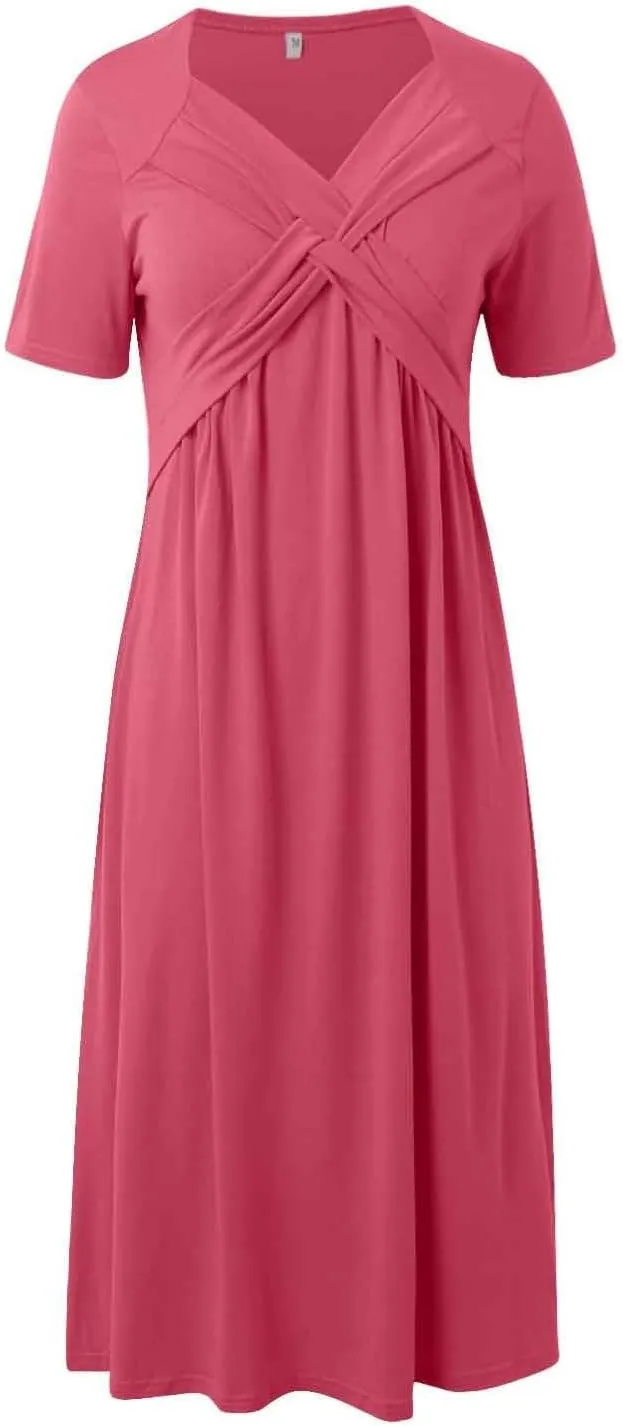 Women's Summer Short Sleeve Maxi Dress 2025 Casual V Neck High Waist A-Line Flowy Loose Solid Boho Long Dresses