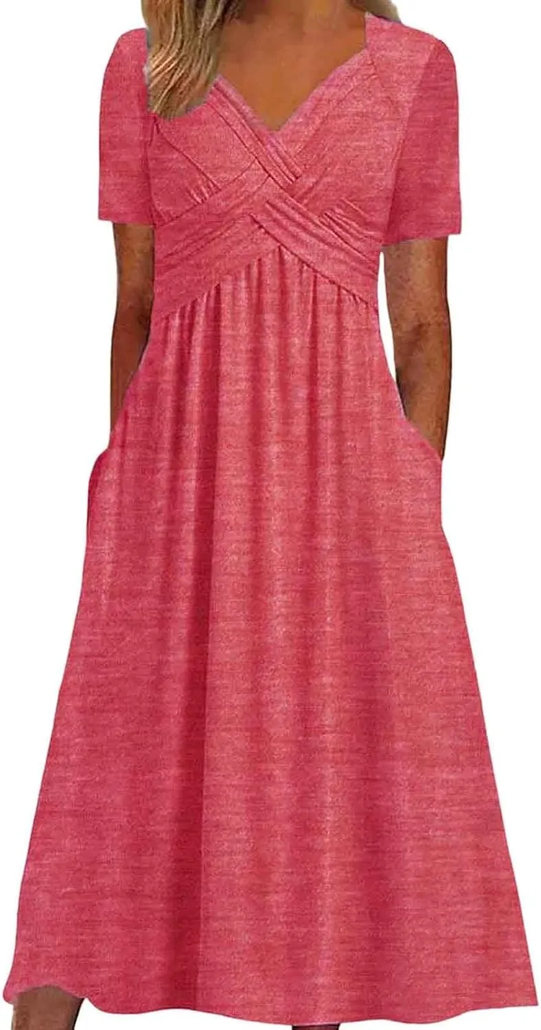 Women's Summer Short Sleeve Maxi Dress 2025 Casual V Neck High Waist A-Line Flowy Loose Solid Boho Long Dresses