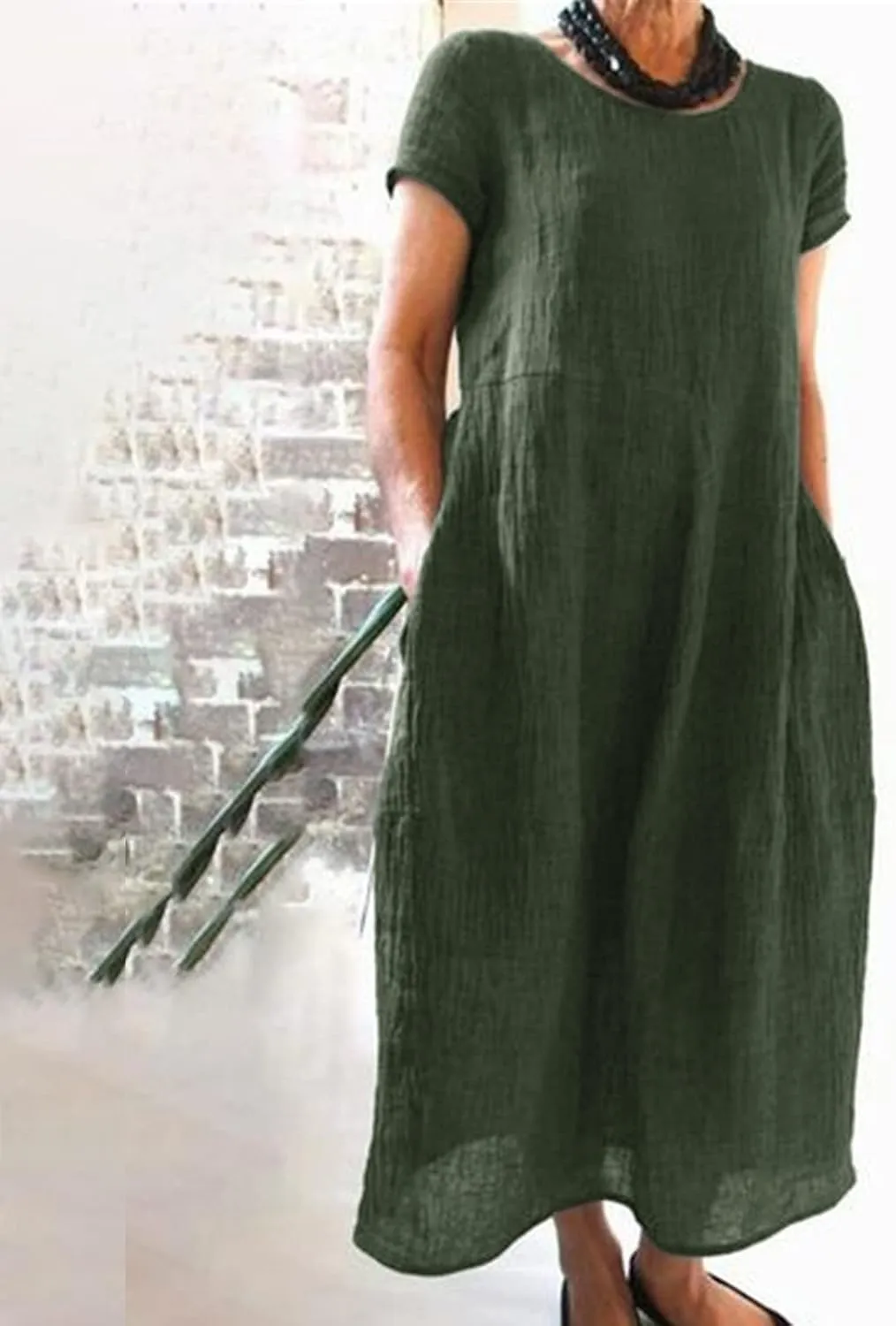 Women's Summer Short Sleeve Maxi Dress 2025 Casual V Neck High Waist A-Line Solid Boho Flowy Loose Long Dresses