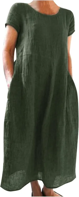 Women's Summer Short Sleeve Maxi Dress 2025 Casual V Neck High Waist A-Line Solid Boho Flowy Loose Long Dresses