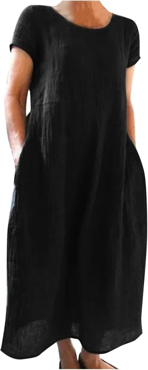 Women's Summer Short Sleeve Maxi Dress 2025 Casual V Neck Solid High Waist A-Line Flowy Loose Boho Long Dresses
