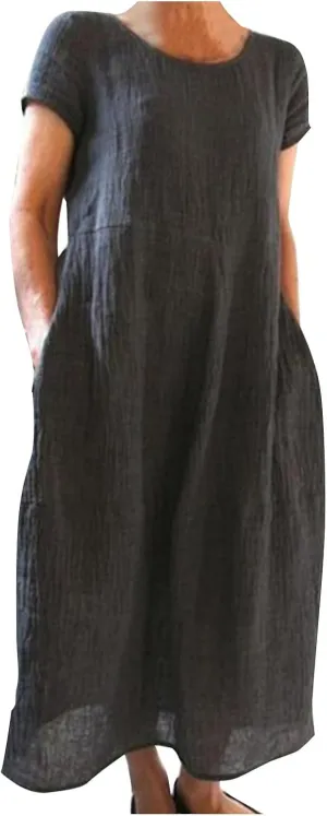 Women's Summer Short Sleeve Maxi Dress 2025 Casual V Neck Solid High Waist A-Line Flowy Loose Boho Long Dresses