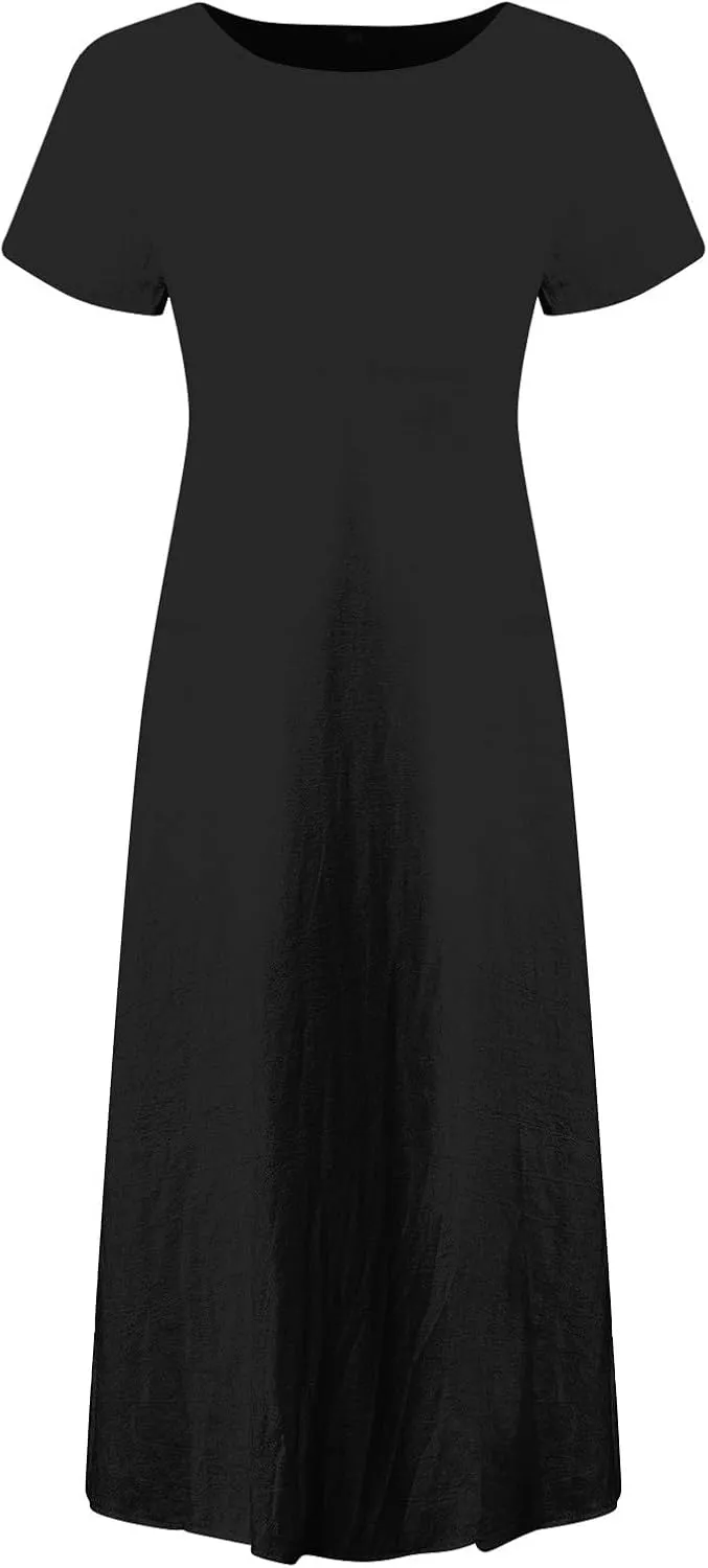 Women's Summer Short Sleeve Maxi Dress 2025 Casual V Neck Solid High Waist A-Line Flowy Loose Boho Long Dresses