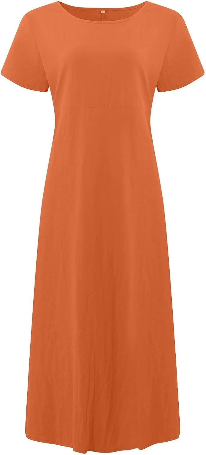 Women's Summer Short Sleeve Maxi Dress 2025 Casual V Neck Solid High Waist A-Line Flowy Loose Boho Long Dresses