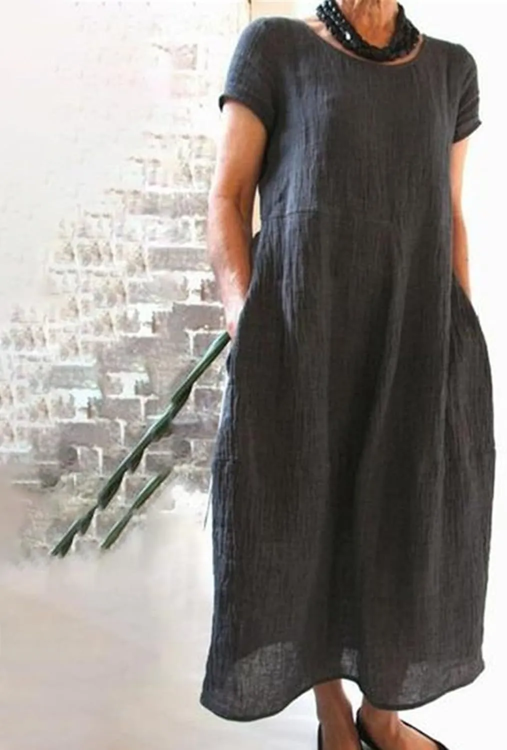 Women's Summer Short Sleeve Maxi Dress 2025 Casual V Neck Solid High Waist A-Line Flowy Loose Boho Long Dresses