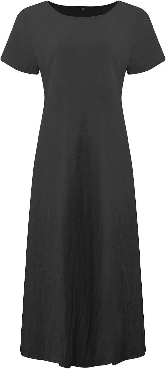 Women's Summer Short Sleeve Maxi Dress 2025 Casual V Neck Solid High Waist A-Line Flowy Loose Boho Long Dresses