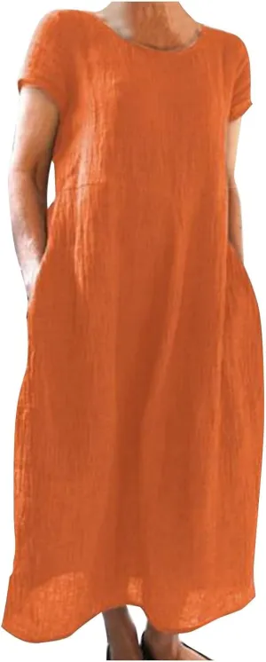 Women's Summer Short Sleeve Maxi Dress 2025 Casual V Neck Solid High Waist A-Line Flowy Loose Boho Long Dresses
