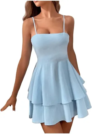 Women's Summer Strappy Smocked Tube Dress 2025 Off Shoulder Ruffle Tiered Flowy Beach Boho Mini Sundress Short Dress