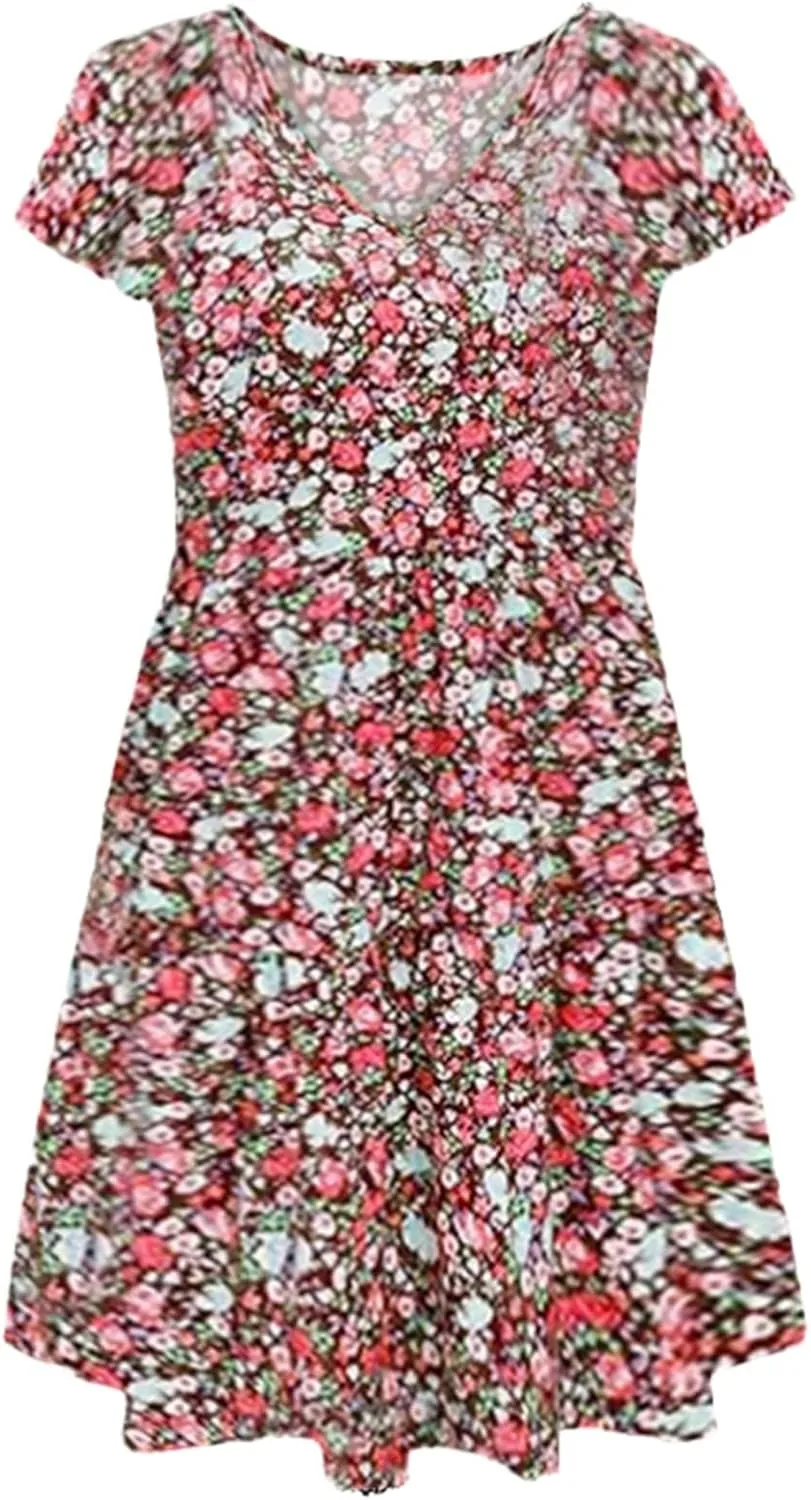 Women's Summer Wrap V Neck Polka Dot Print Ruffle Short Sleeve Mini Floral Dress with Girls Dresses Size 10-12