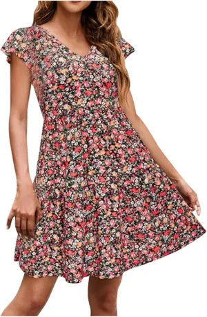 Women's Summer Wrap V Neck Polka Dot Print Ruffle Short Sleeve Mini Floral Dress with Girls Dresses Size 10-12