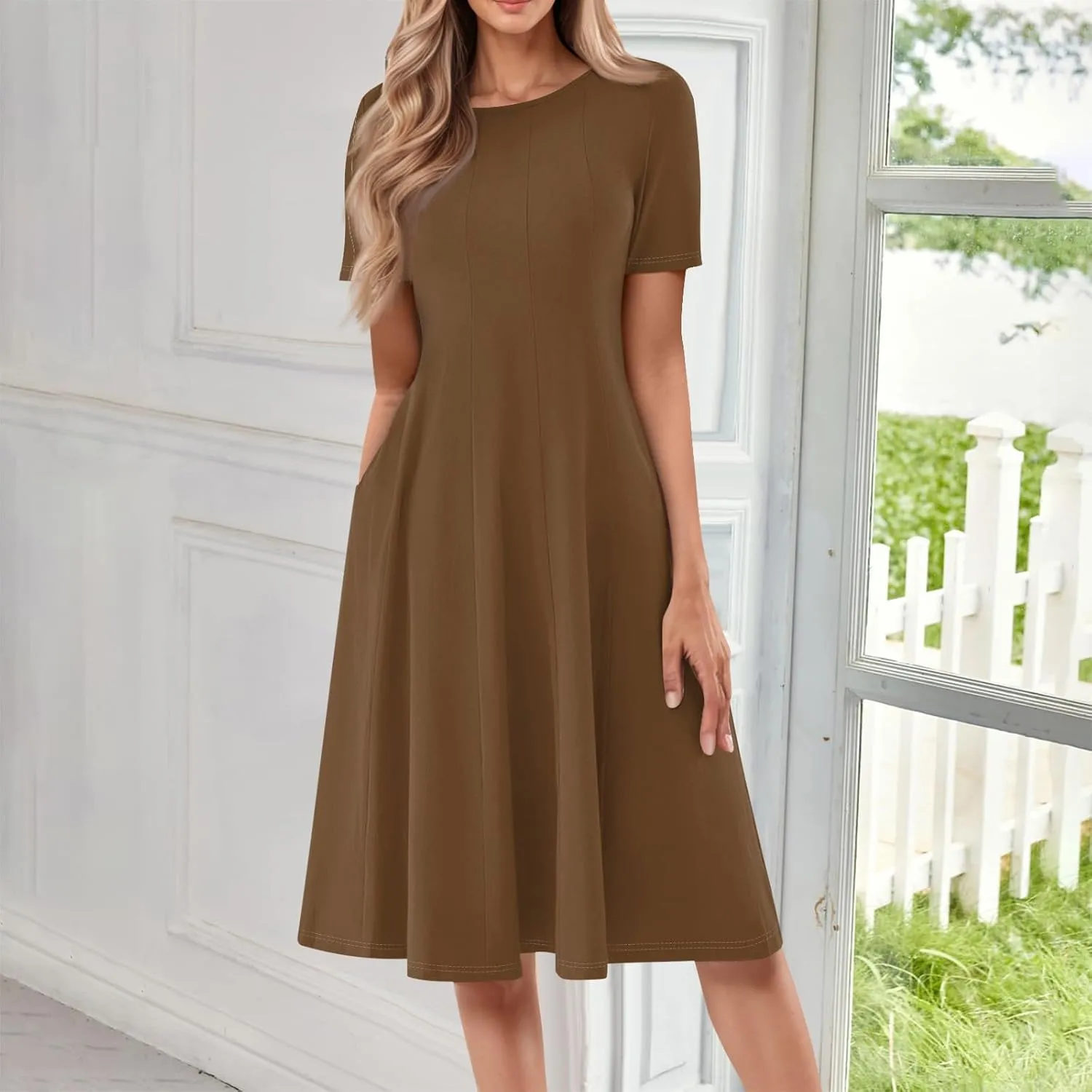 Women's Vacation Dresses 2025 Casual Loose Trendy Short Sleeve Round Neck Solid Color Gradient Midi Plus Size, S-3XL
