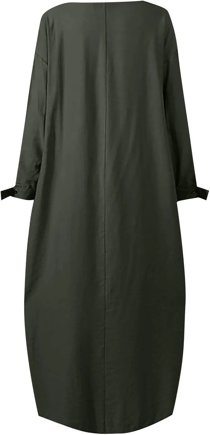 Women's Vacation Dresses 2025 Summer Casual Trendy Loose Long Sleeve Round Neck Solid Maxi Muslim Dress, S-XL
