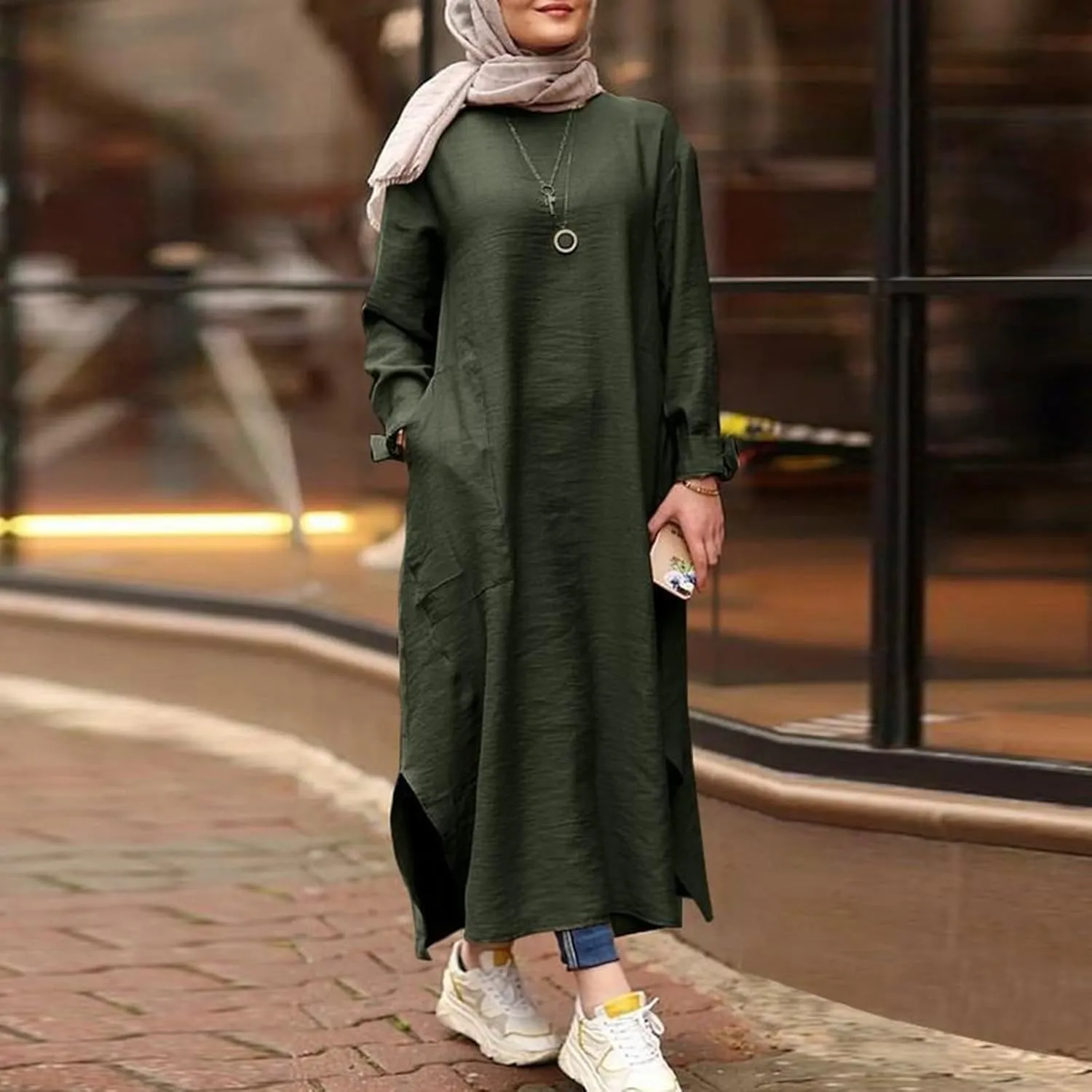 Women's Vacation Dresses 2025 Summer Casual Trendy Loose Long Sleeve Round Neck Solid Maxi Muslim Dress, S-XL