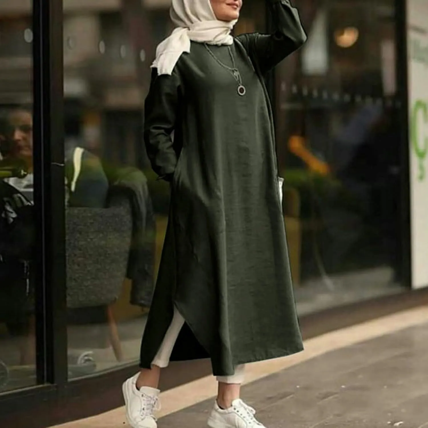 Women's Vacation Dresses 2025 Summer Casual Trendy Loose Long Sleeve Round Neck Solid Maxi Muslim Dress, S-XL