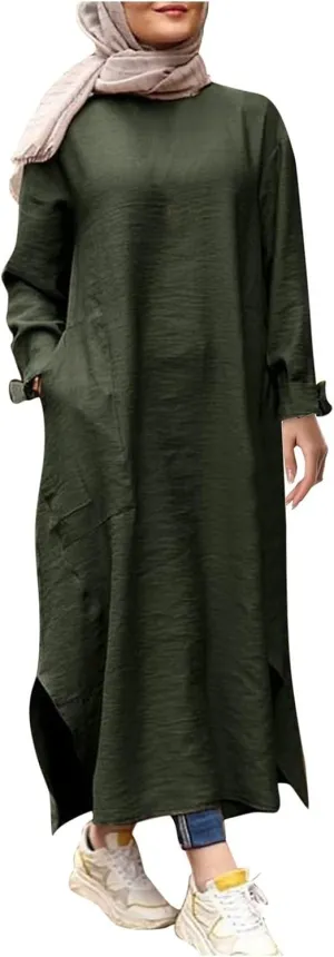 Women's Vacation Dresses 2025 Summer Casual Trendy Loose Long Sleeve Round Neck Solid Maxi Muslim Dress, S-XL