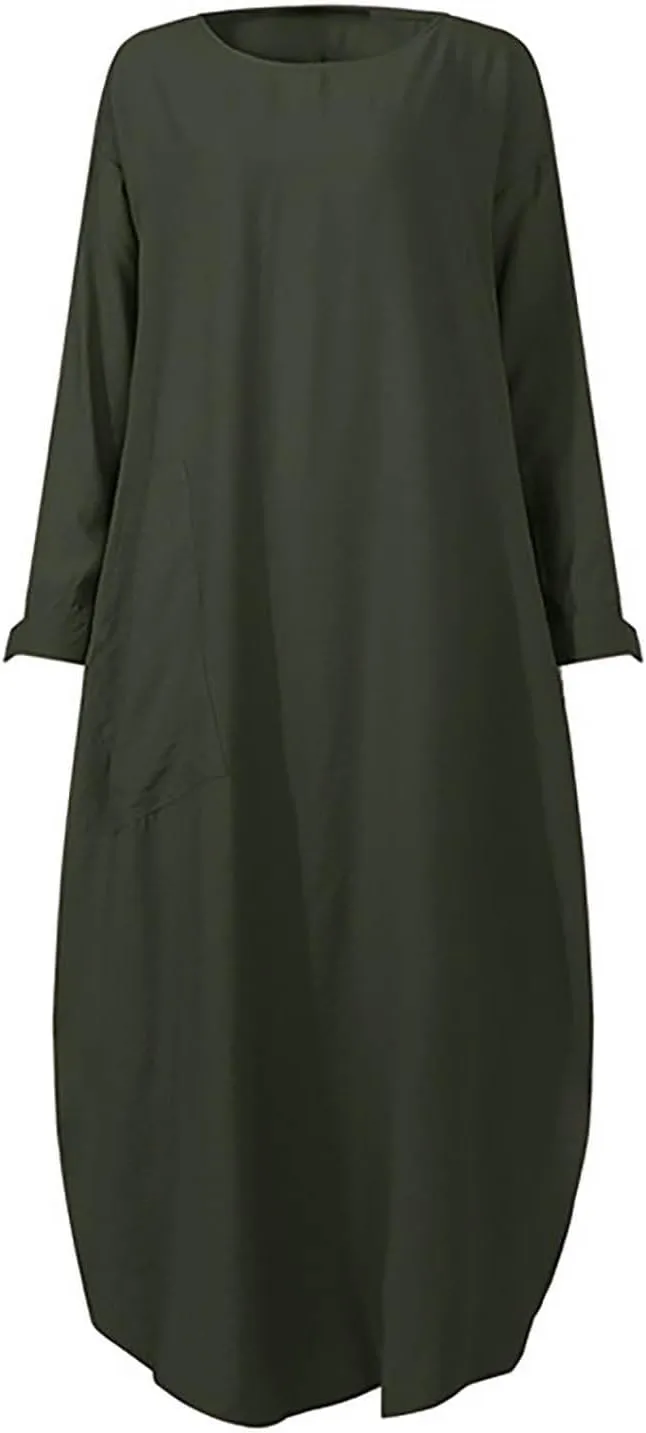Women's Vacation Dresses 2025 Summer Casual Trendy Loose Long Sleeve Round Neck Solid Maxi Muslim Dress, S-XL