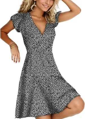 Women's Vintage Floral Print V Neck Short Sleeve Tunic Sundress Loose A Line Swing Flowy Summer Plus Size Midi Dresses