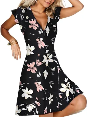 Women's Vintage Floral Print V Neck Short Sleeve Tunic Sundress Loose A Line Swing Flowy Summer Plus Size Midi Dresses