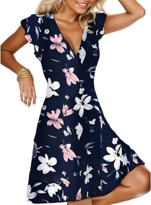 Women's Vintage Floral Print V Neck Short Sleeve Tunic Sundress Loose A Line Swing Flowy Summer Plus Size Midi Dresses
