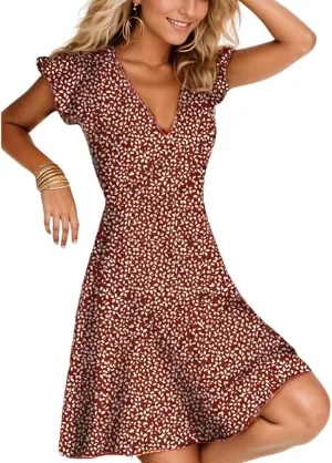 Women's Vintage Floral Print V Neck Short Sleeve Tunic Sundress Loose A Line Swing Flowy Summer Plus Size Midi Dresses