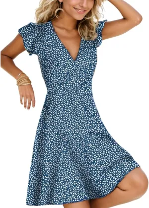 Women's Vintage Floral Print V Neck Short Sleeve Tunic Sundress Loose A Line Swing Flowy Summer Plus Size Midi Dresses