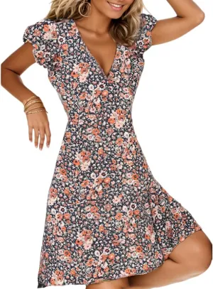 Women's Vintage Floral Print V Neck Short Sleeve Tunic Sundress Loose A Line Swing Flowy Summer Plus Size Midi Dresses