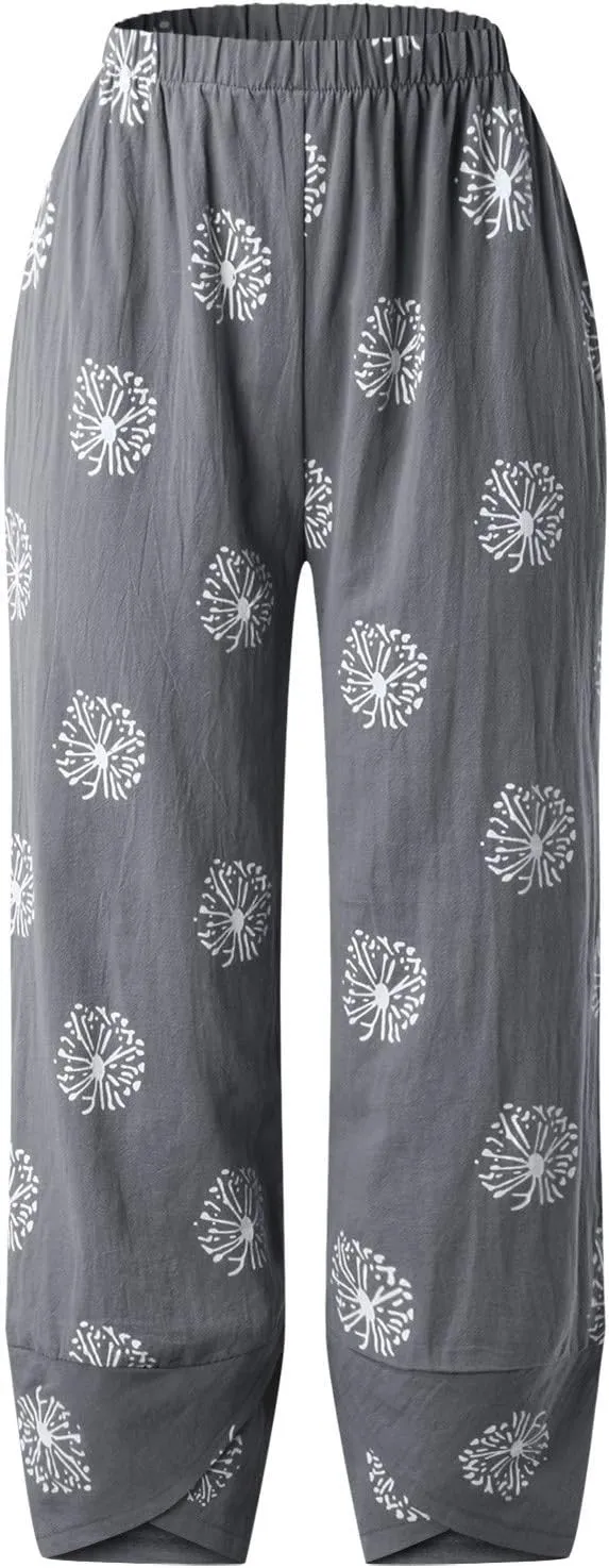 Womens Vintage Wide Leg Capri Pants Cotton Linen Harem Pants Summer Elastic Waist Casual Lightweight Baggy Sweatpants