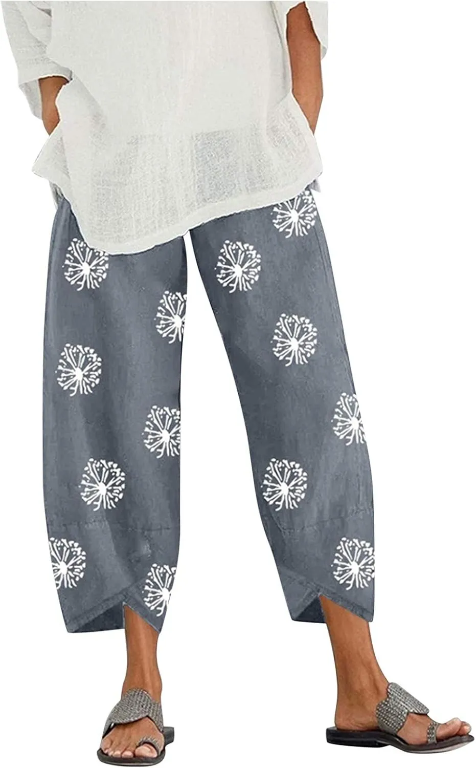 Womens Vintage Wide Leg Capri Pants Cotton Linen Harem Pants Summer Elastic Waist Casual Lightweight Baggy Sweatpants