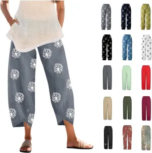 Womens Vintage Wide Leg Capri Pants Cotton Linen Harem Pants Summer Elastic Waist Casual Lightweight Baggy Sweatpants