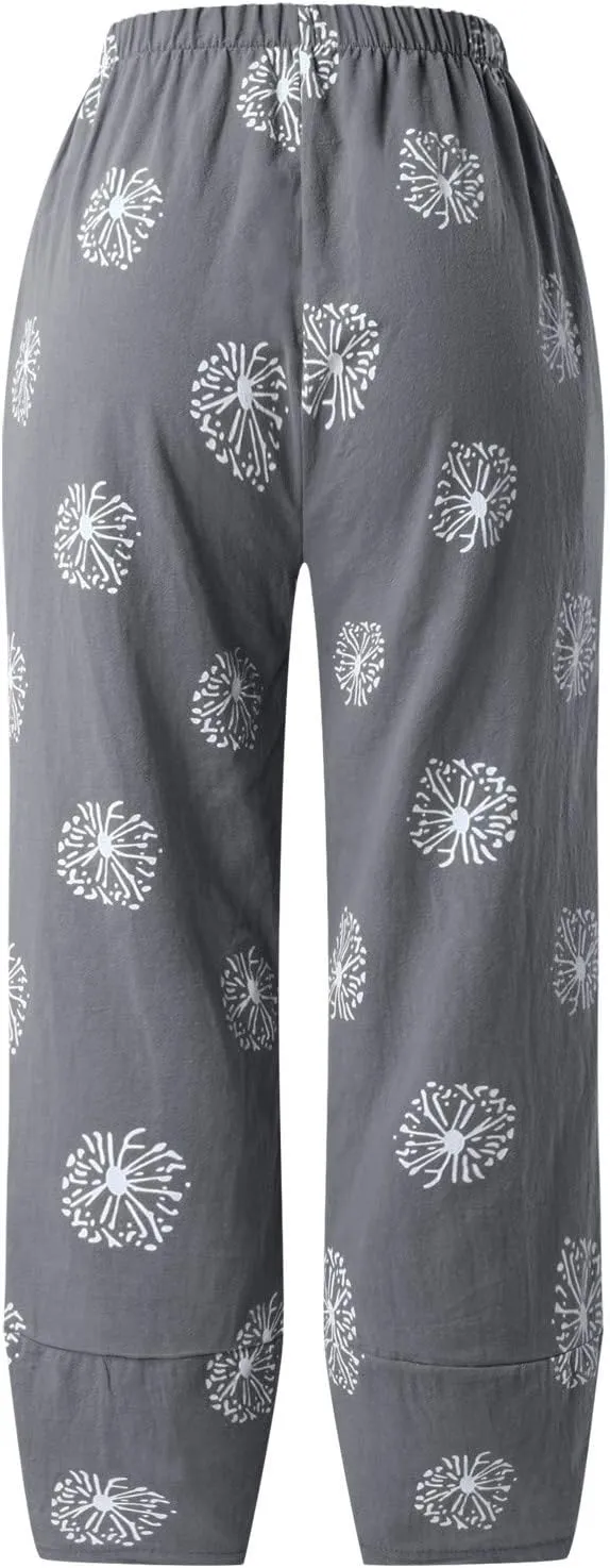 Womens Vintage Wide Leg Capri Pants Cotton Linen Harem Pants Summer Elastic Waist Casual Lightweight Baggy Sweatpants