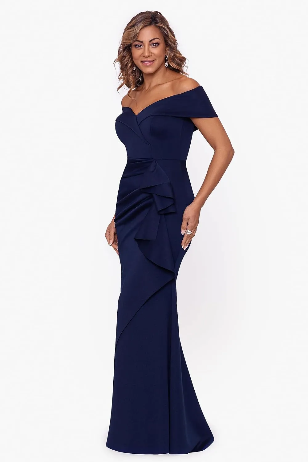 Xscape Women's Long Off Shoulder Sweetheart Neck Side Ruffle Gown