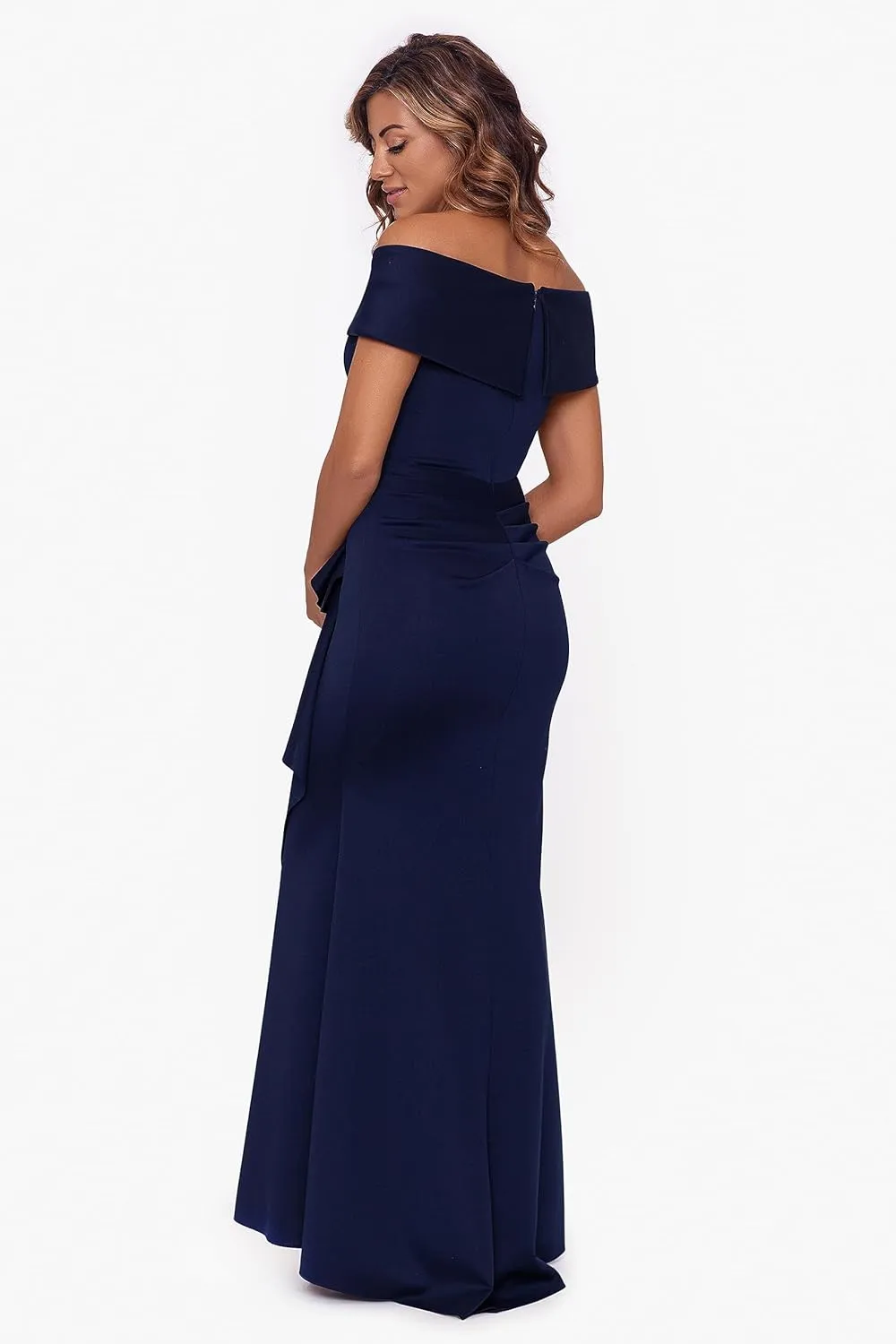 Xscape Women's Long Off Shoulder Sweetheart Neck Side Ruffle Gown