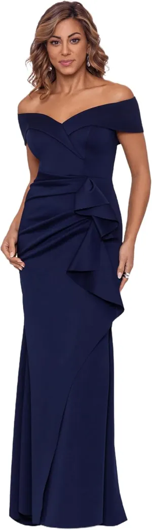 Xscape Women's Long Off Shoulder Sweetheart Neck Side Ruffle Gown