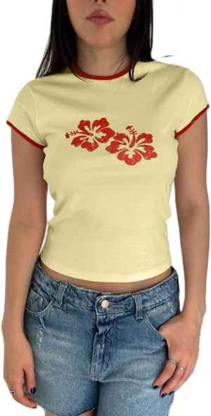 Y2k Flower Graphic Baby Tees Crop Tops for Women Hibiscus Print Short Sleeve Aesthetic Vintage 90s Teens 2000s Shirt