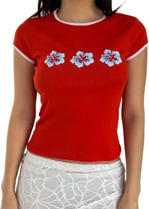 Y2k Flower Graphic Baby Tees Crop Tops for Women Hibiscus Print Short Sleeve Aesthetic Vintage 90s Teens 2000s Shirt