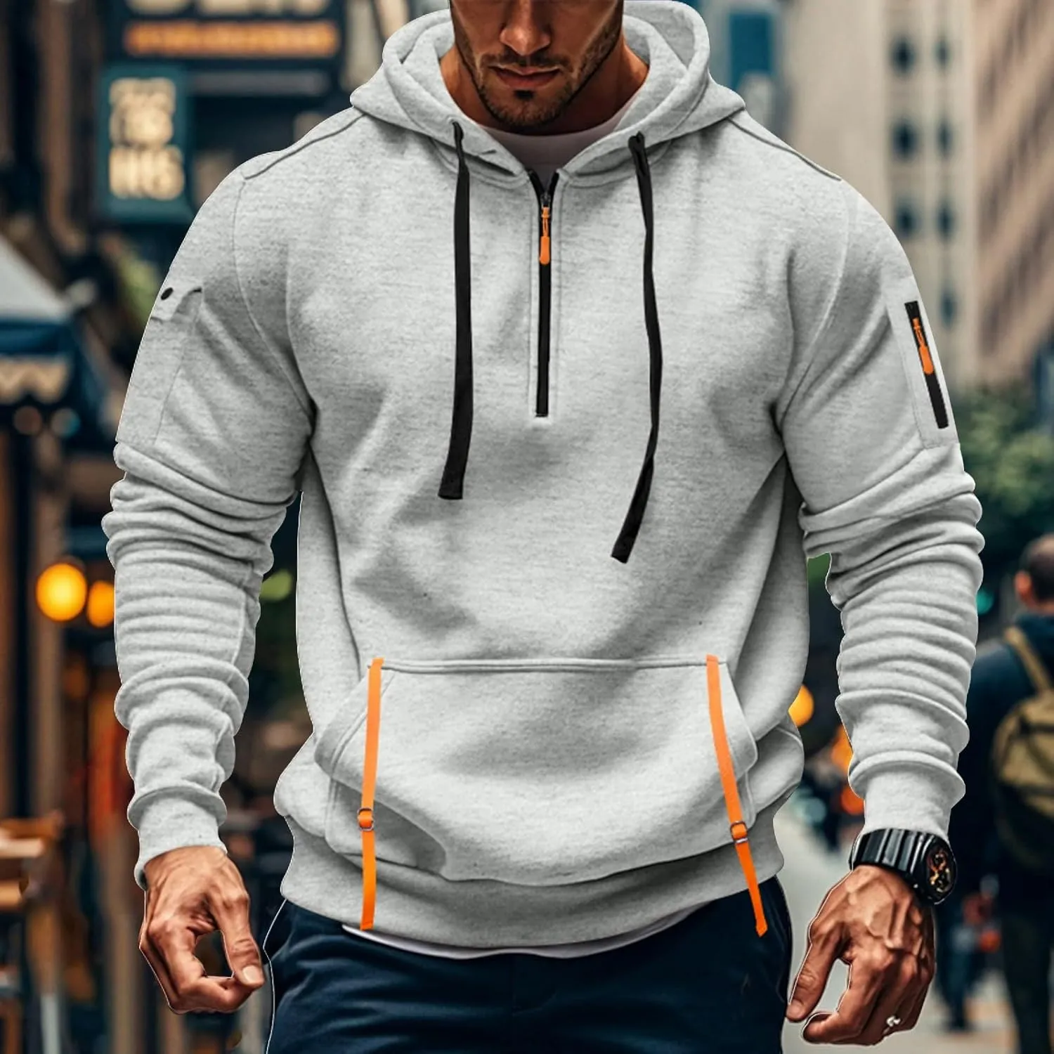 Ymosrh Mens Tactical Cargo Hoodie Athletic Work Hooded Sweatshirt Pullover Hoodies with Zipper Pockets Winter Sweatshirts