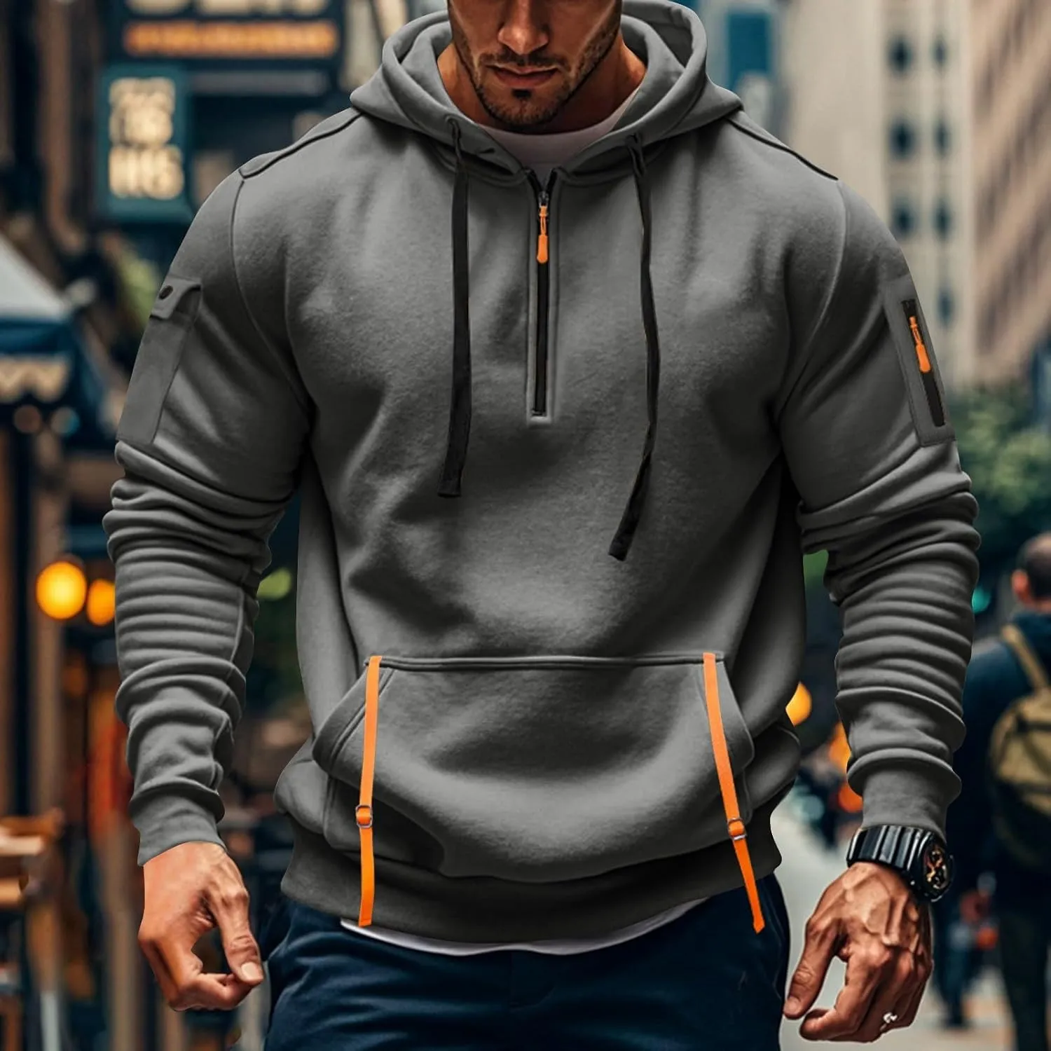 Ymosrh Mens Tactical Cargo Hoodie Athletic Work Hooded Sweatshirt Pullover Hoodies with Zipper Pockets Winter Sweatshirts